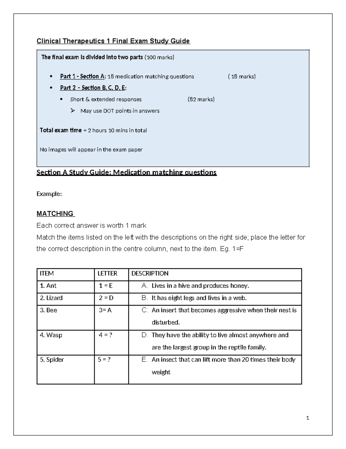 CT1 Final EXAM Study Guide S1 2025 - Clinical Therapeutics 1 Final Exam ...
