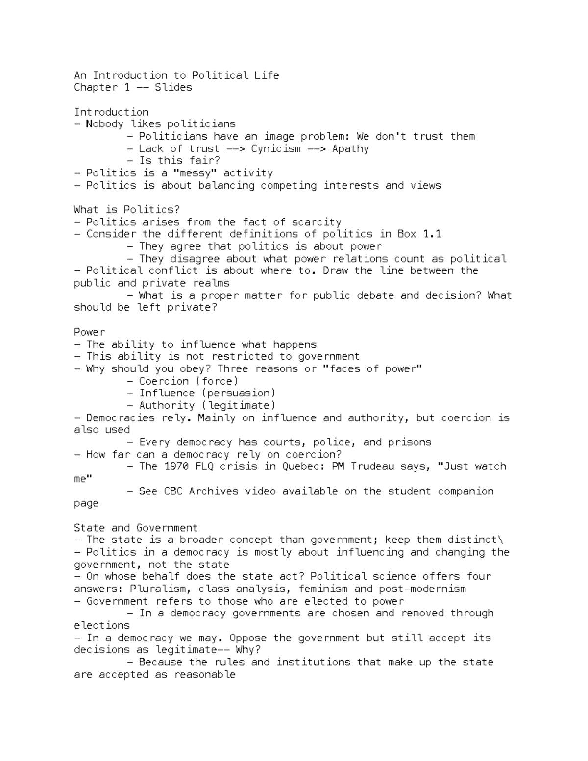 POI 101 - Lecture Notes: Introduction to Political Life (Chapters 1-2 ...