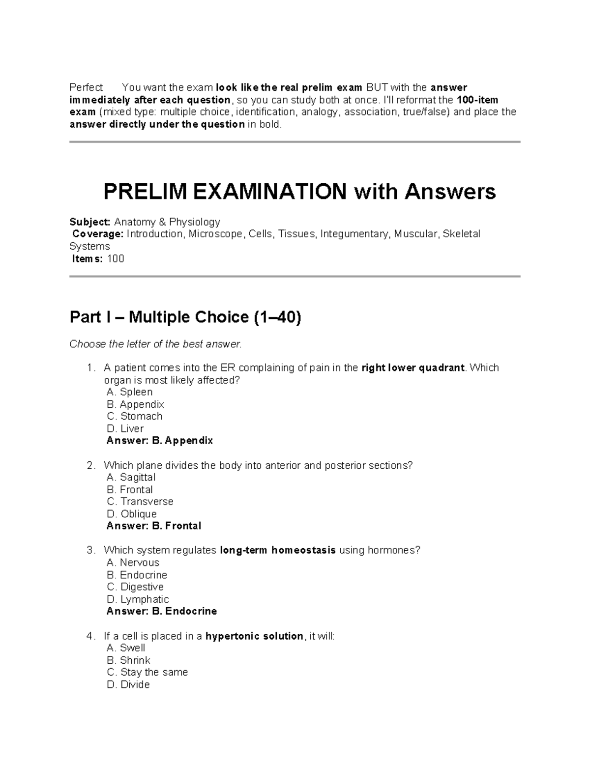 Anatomy Physiology PRELIM EXAM with Answers: Study Guide - Studocu