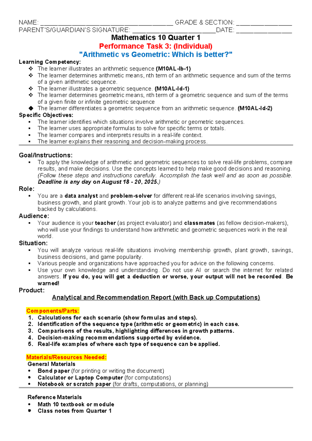 Mathematics 10 Q1 Performance Task 3: Analyzing Sequences in Real Life ...