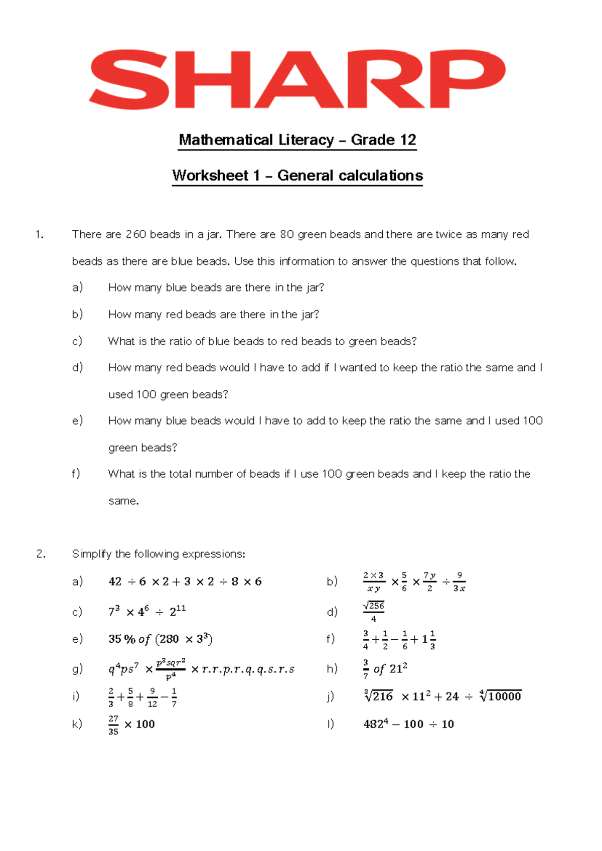 Grade 12 Math Lit Worksheet 1: General Calculations & Applications ...