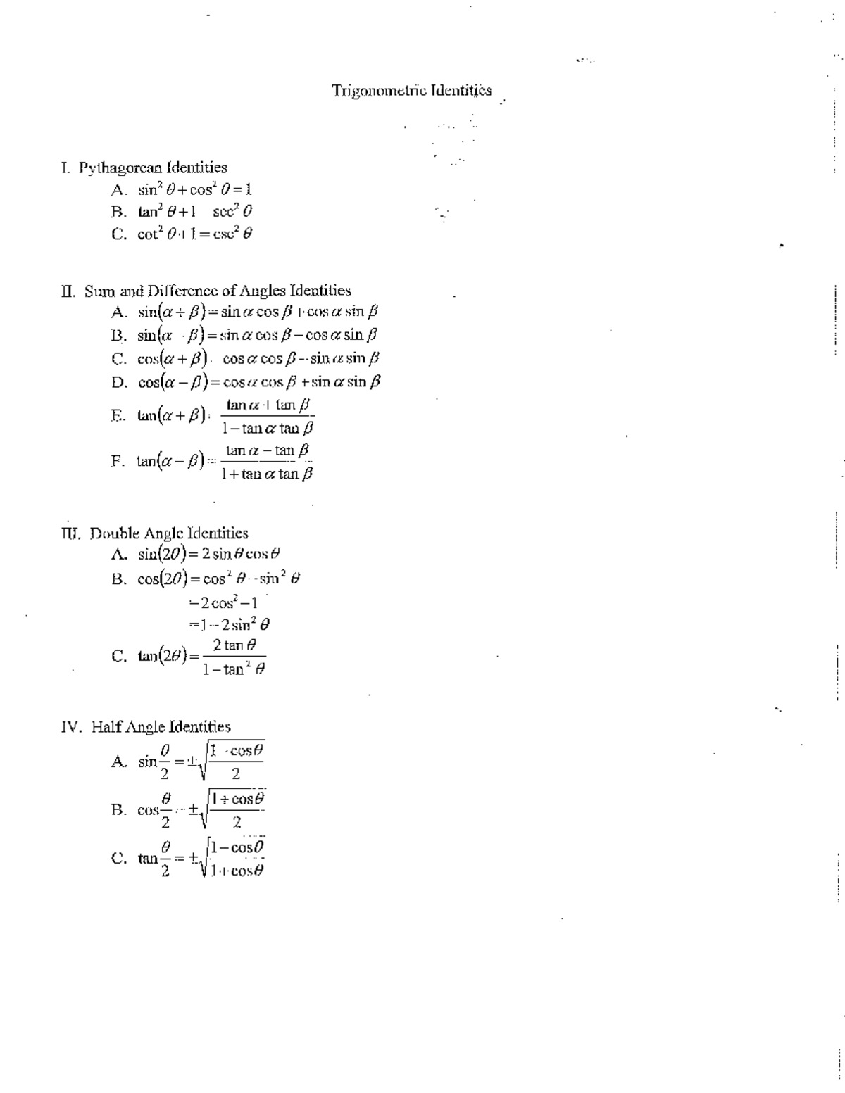 Trigonometric Identities Worksheet for Course Code TRG 3 - Studocu