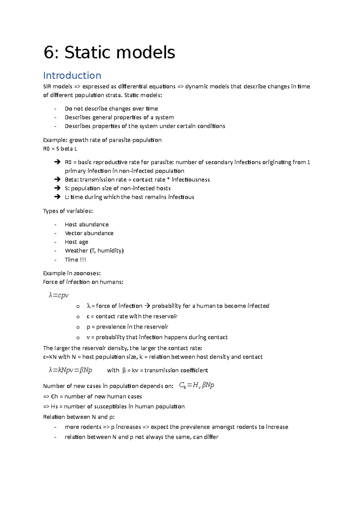6 Static Models - Summary of Ecology, Epidemiology & Control of ...