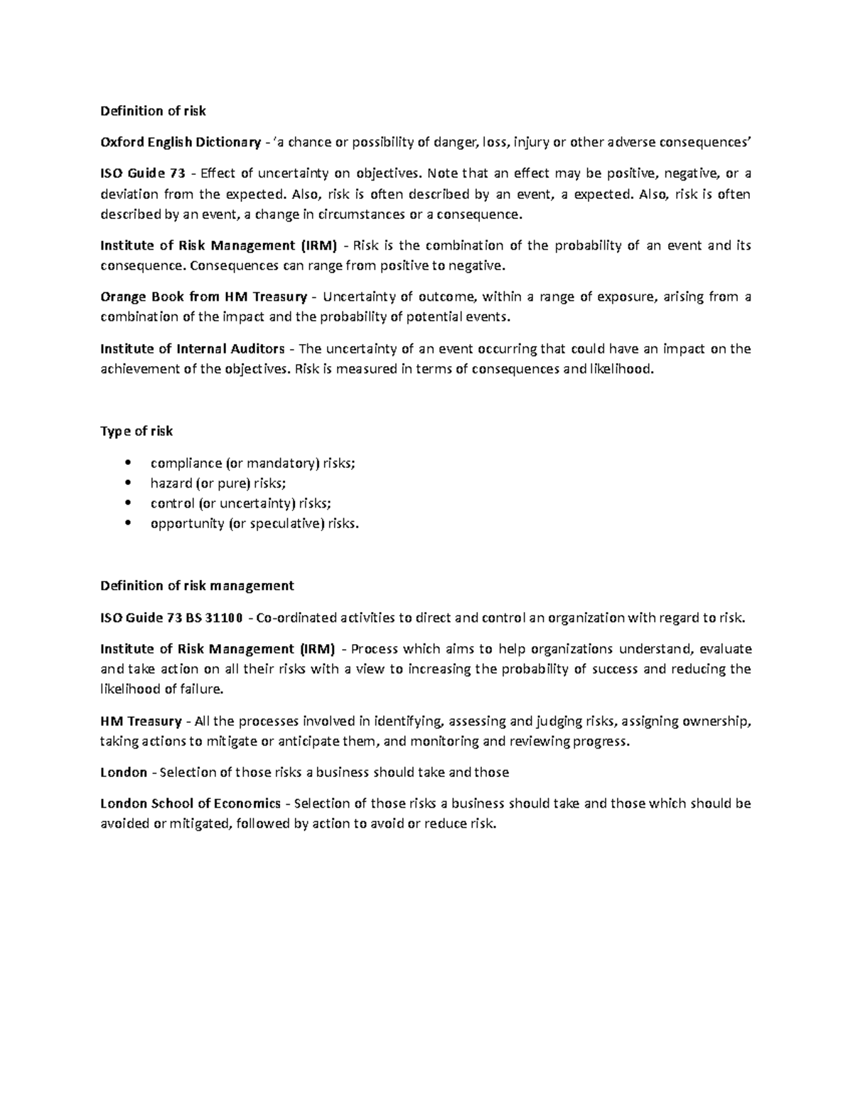 Risk Definitions and Management Strategies - Study Notes - Studocu