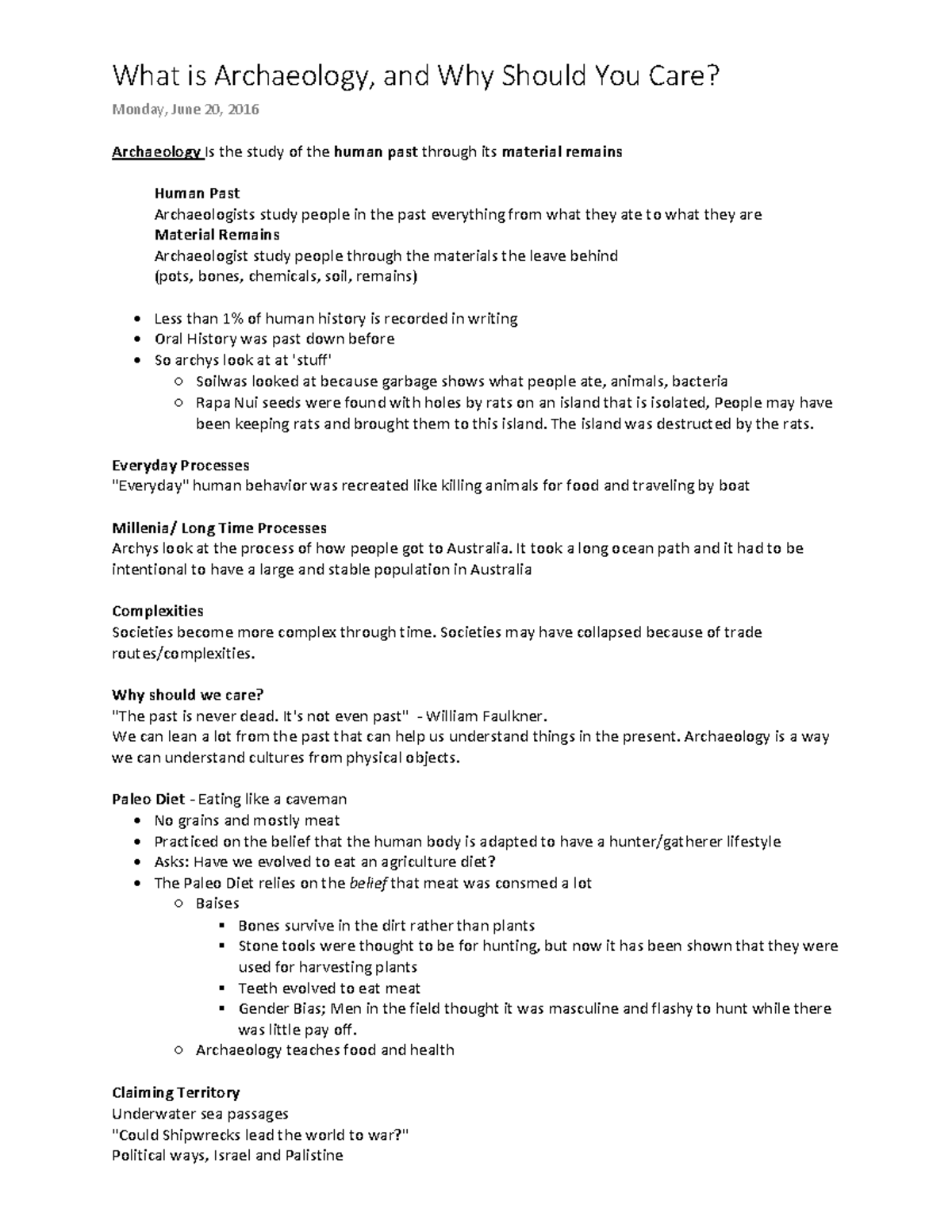 Merged Archy 205 - Lecture notes 1-20 - What is Archaeology, and Why ...