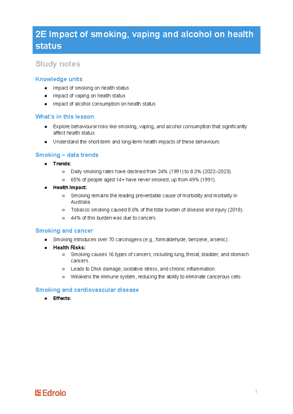 2E Study Notes: Impact of Smoking, Vaping & Alcohol on Health - Studocu