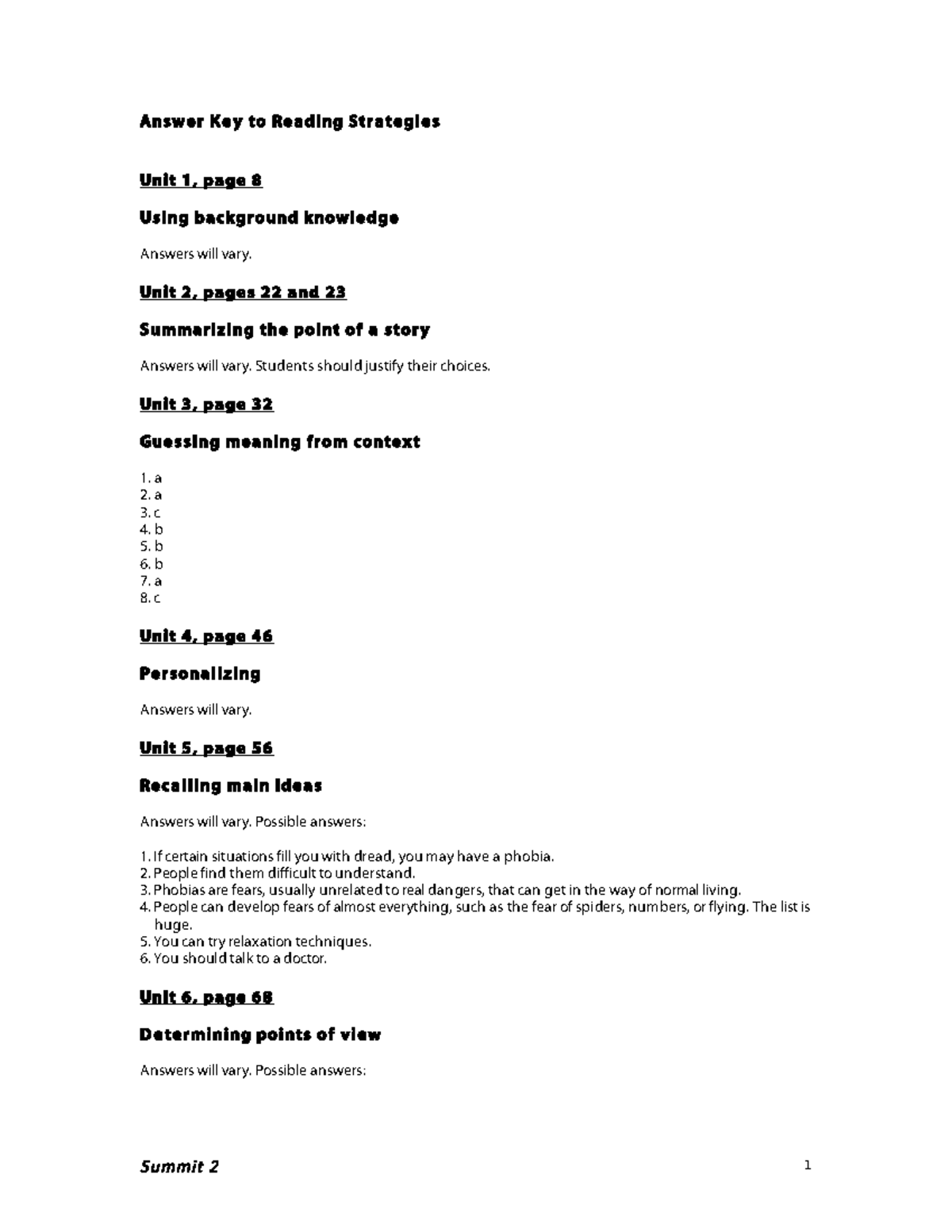 Answer key - A good book - Summit 2 1 Answ er Ke y to Re ading Str a ...