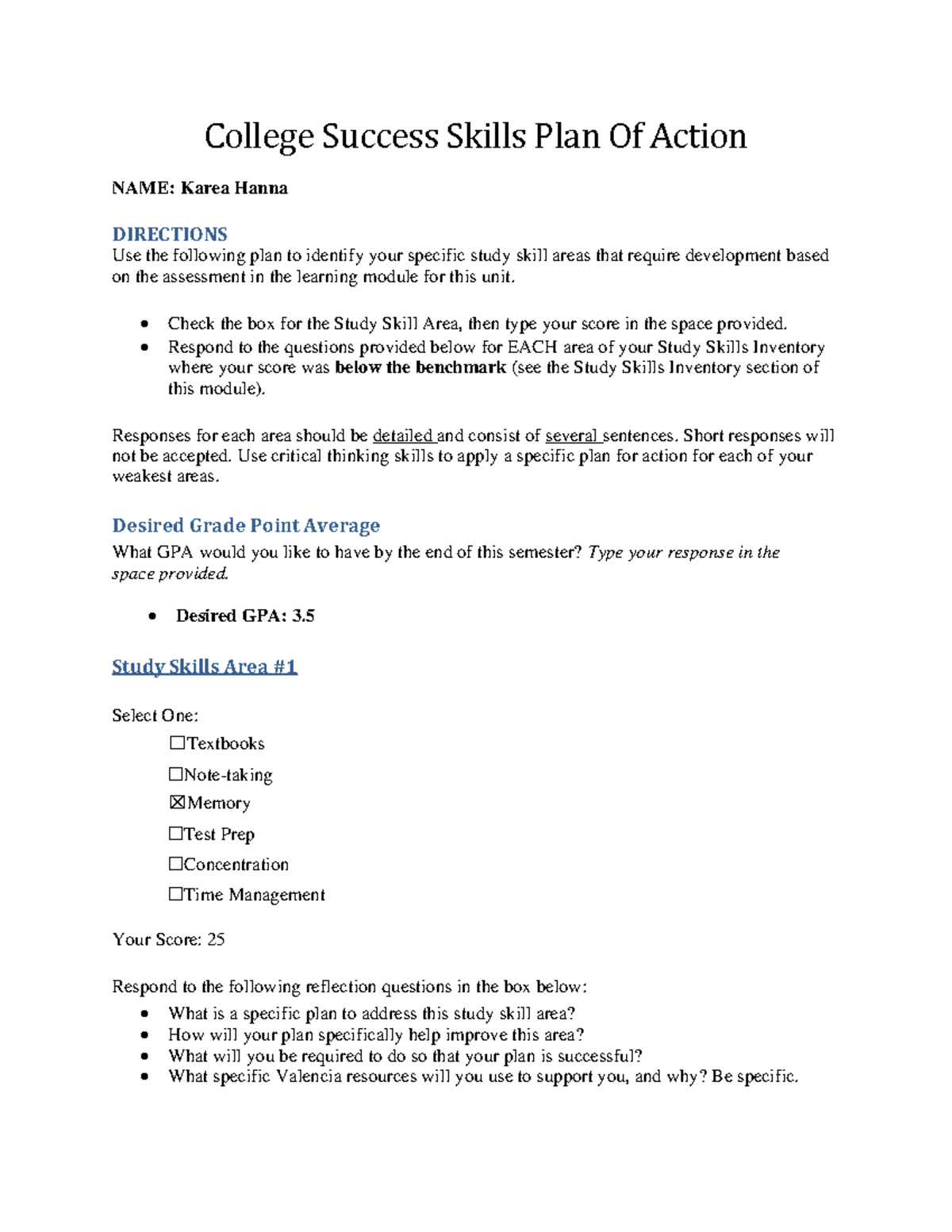 College Success Skills Action Plan: Strategies for Improvement by Karea ...