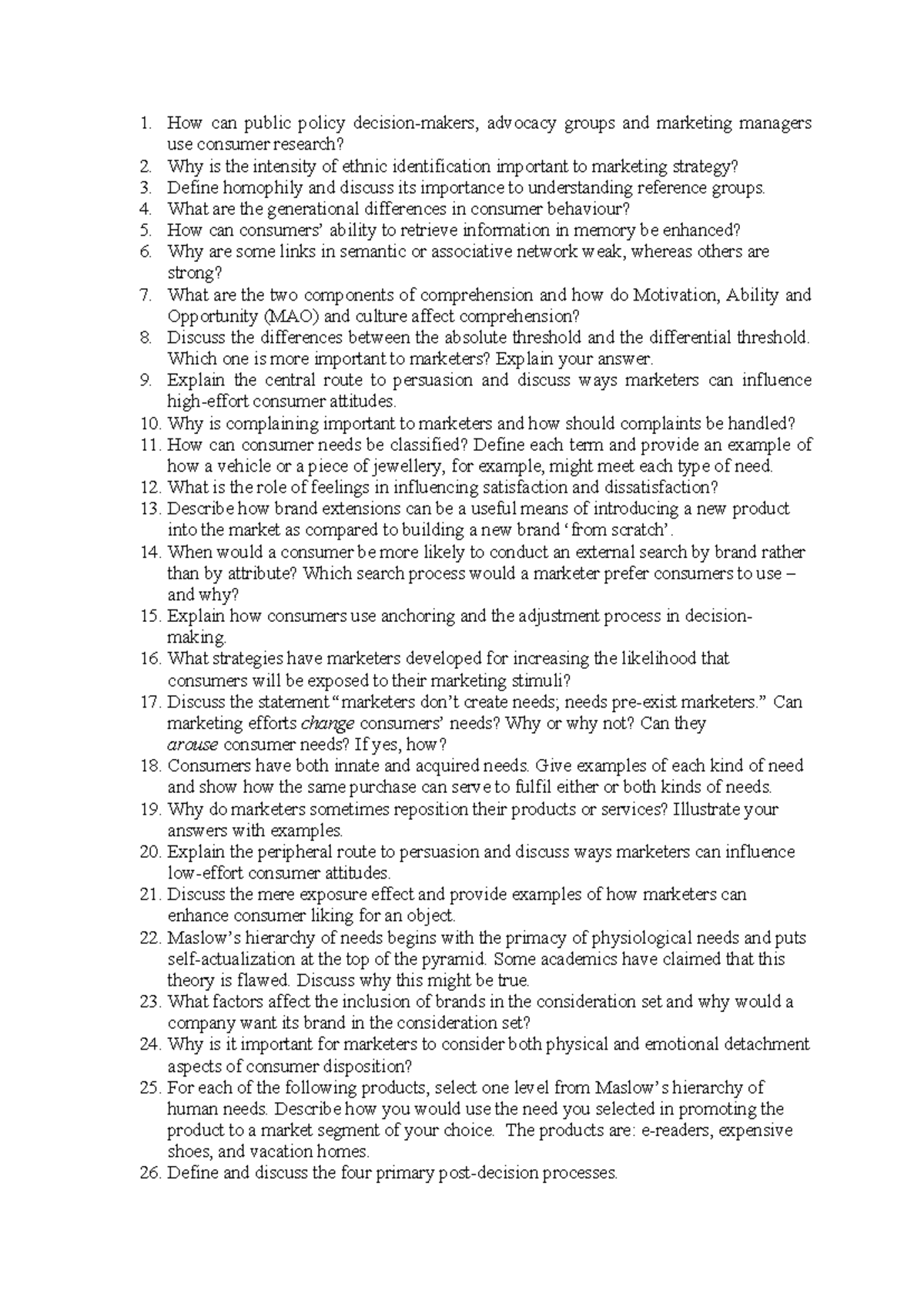 Final Exam Practice Questions for Consumer Behavior (MKT 301) - Studocu