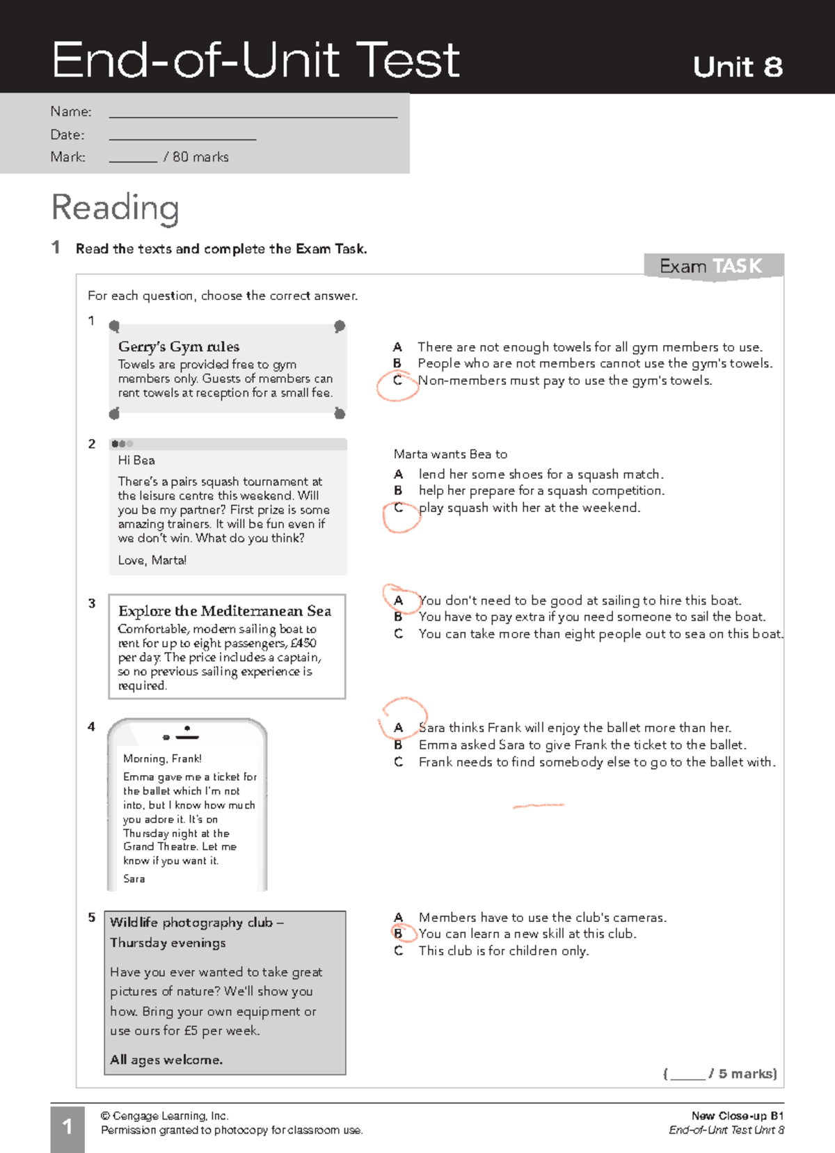 B1 End-of-Unit Test: Unit 8 Exam Tasks and Activities - Studocu