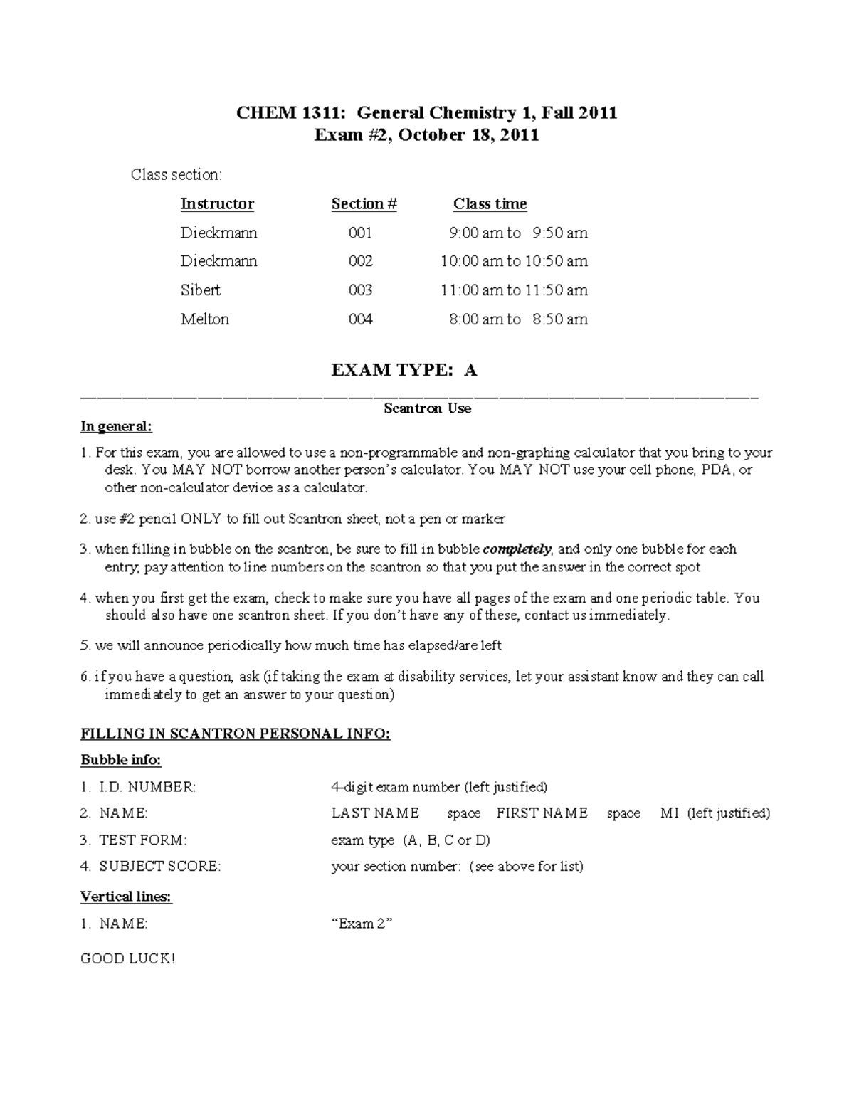 CHEM 1311: General Chemistry 1 Fall 2011 Exam Review Guide - Studocu