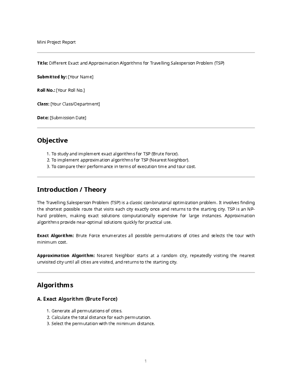 TSP Mini Project Report: Exact vs Approximation Algorithms - Studocu