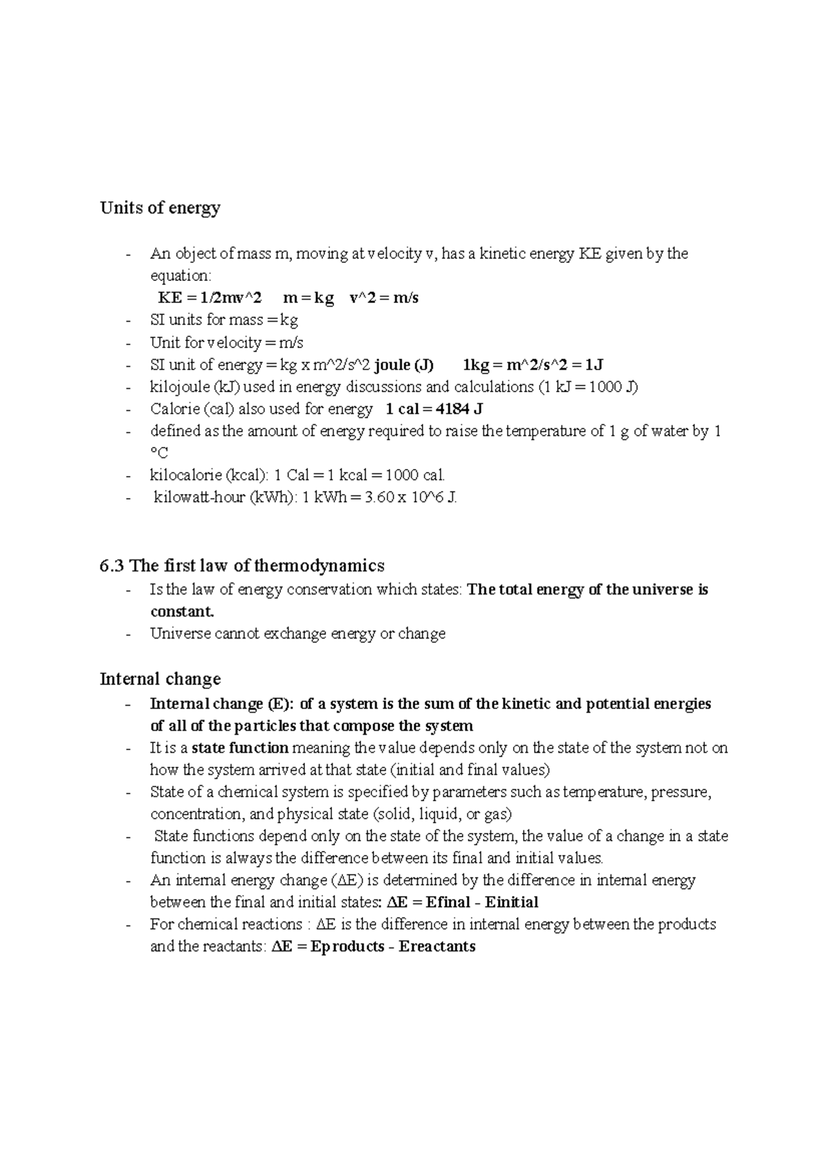 CHEM ch 5 notes - Units of energy An object of mass m, moving at ...