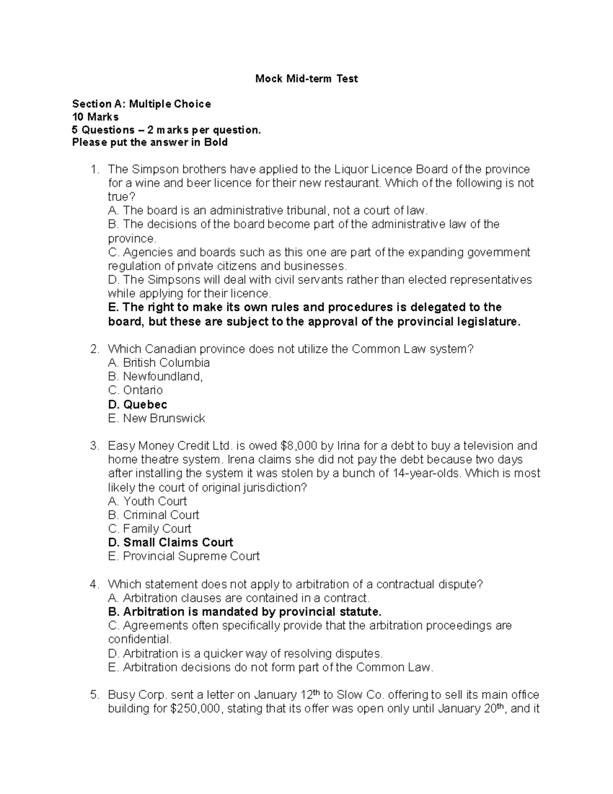 Mock Midterm with Answers - Mock Mid-term Test Section A: Multiple ...