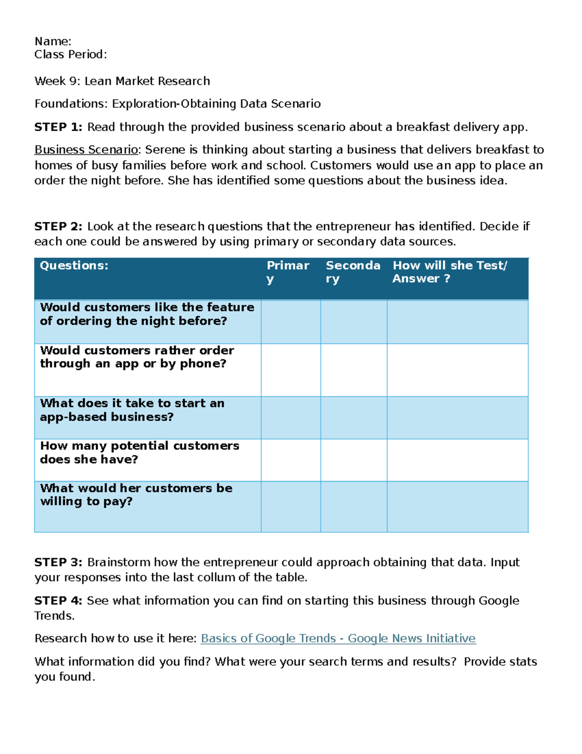 Lean+Market+Research Obtaining+Data - Name: Class Period: Week 9: Lean ...