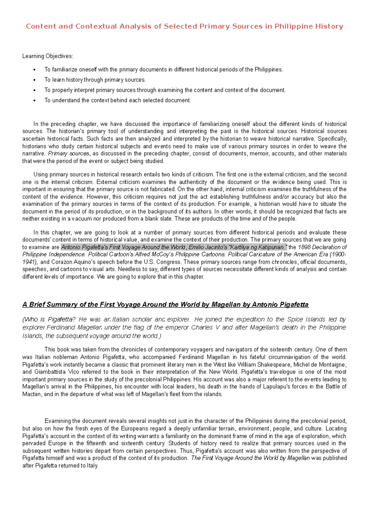 Content & Contextual Analysis: Primary Sources in Phil History - Studocu