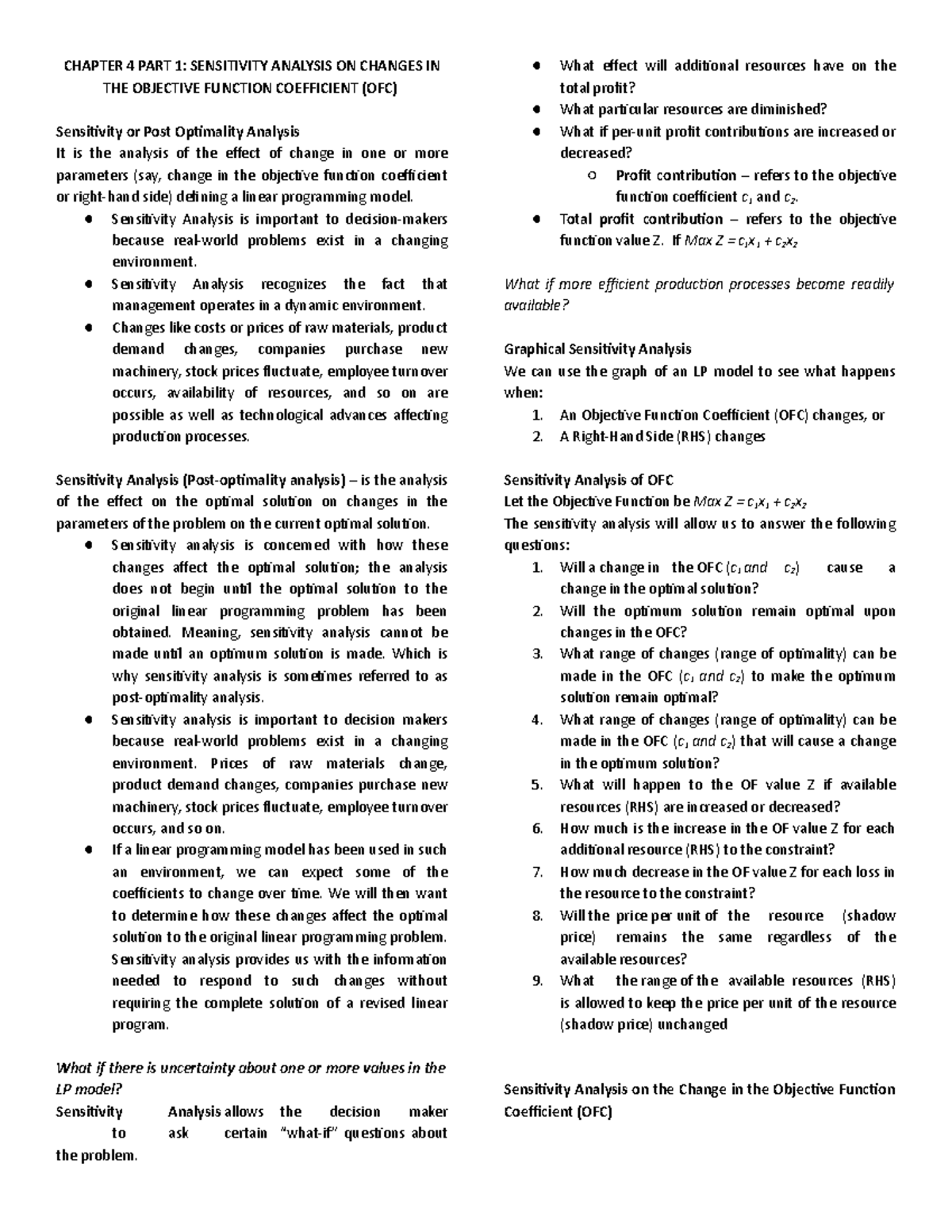 Management Science: Chapter 4 - Sensitivity Analysis of Objective ...