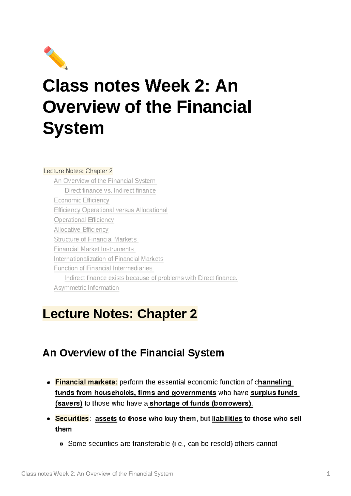 FIN 101 Lecture Notes: Week 2 - Overview of the Financial System - Studocu