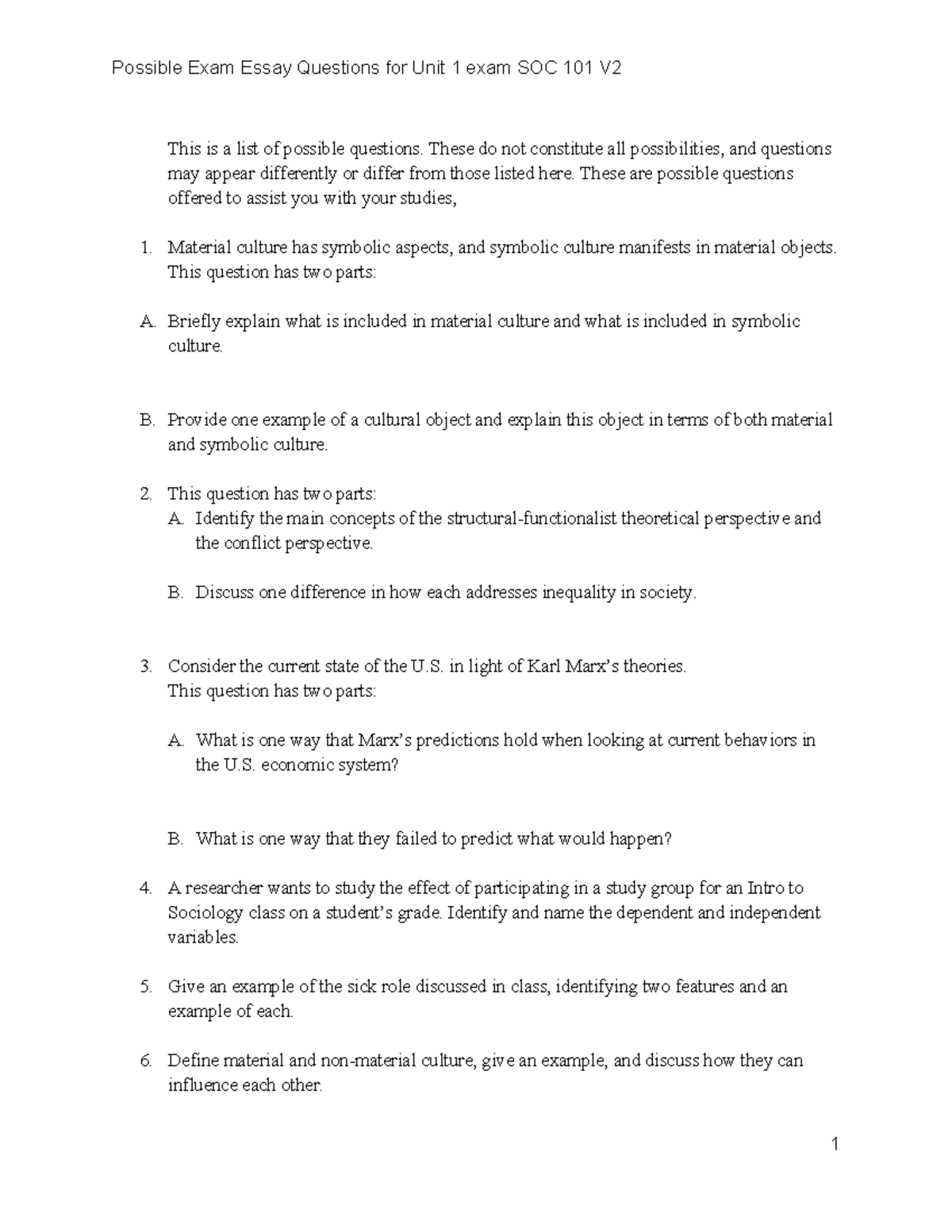 Possible Exam Questions for SOC 101 Unit 1 Final Exam - Studocu