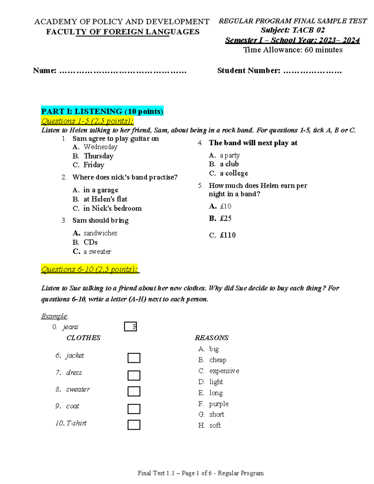 Final Sample Test - TACB 02 - Listening & Reading Comprehension - Studocu