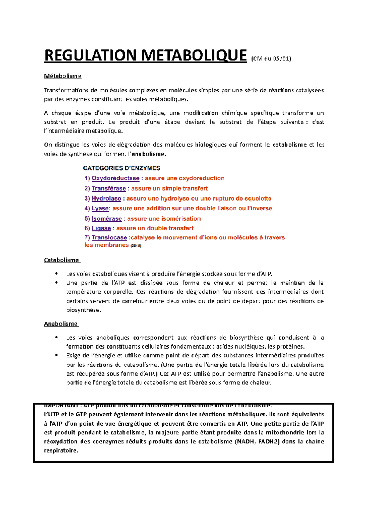 Régulation Métabolique : Catabolisme, Anabolisme et Enzymes (CM) - Studocu