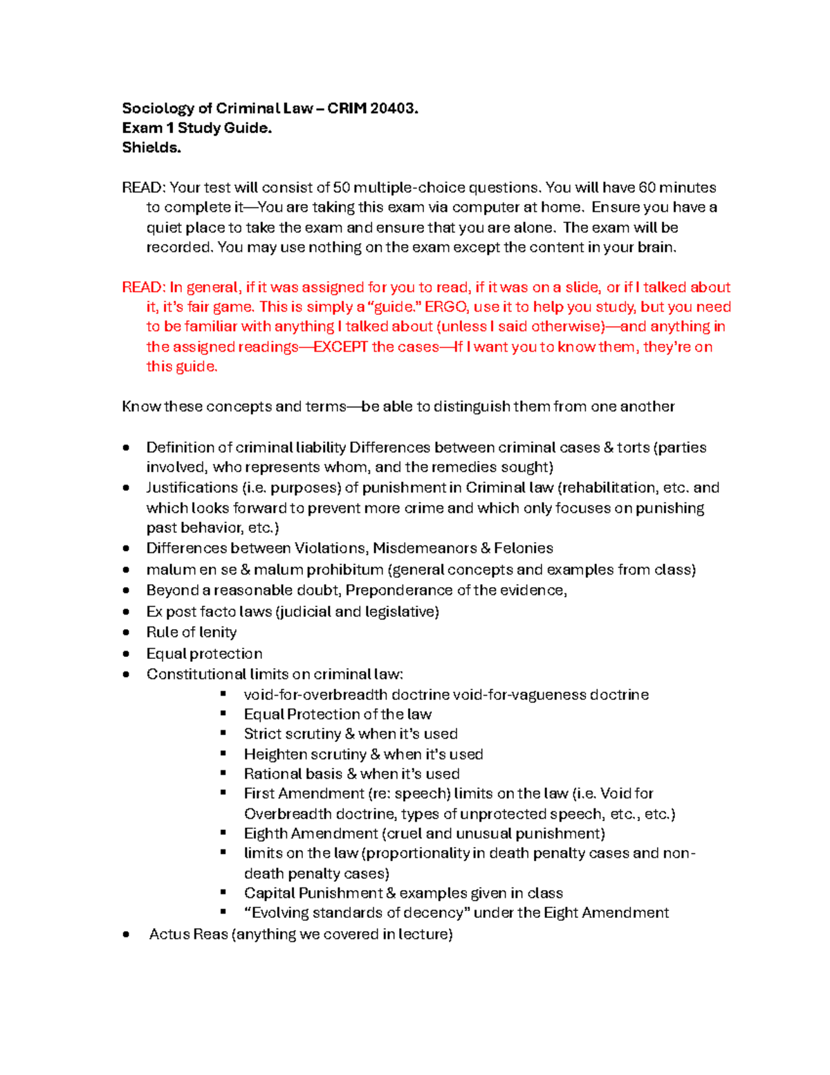 Sociology of Criminal Law Exam 1 Study Guide - CRIM 20403 - Studocu