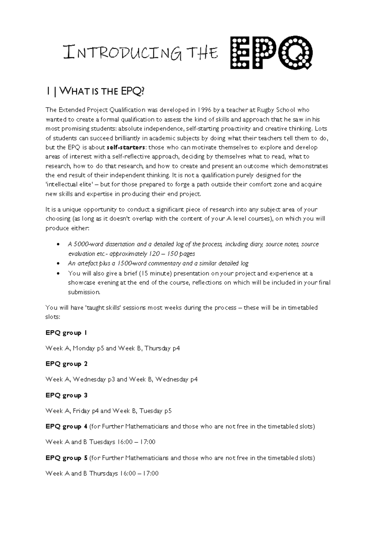 EPQ Overview Handout for Year 12 - 2024 Guide - Studocu