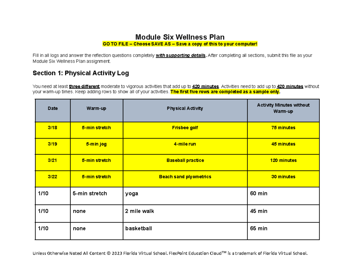 Module 6 Wellness Plan Assignment - Physical Activity Log - Studocu