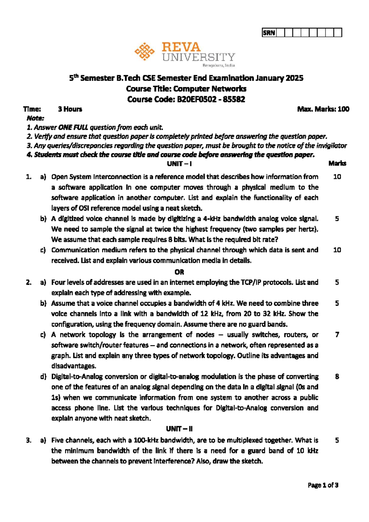 CN B20EF0502 5th Sem CSE Computer Networks SEE QP Jan 2025 - Studocu