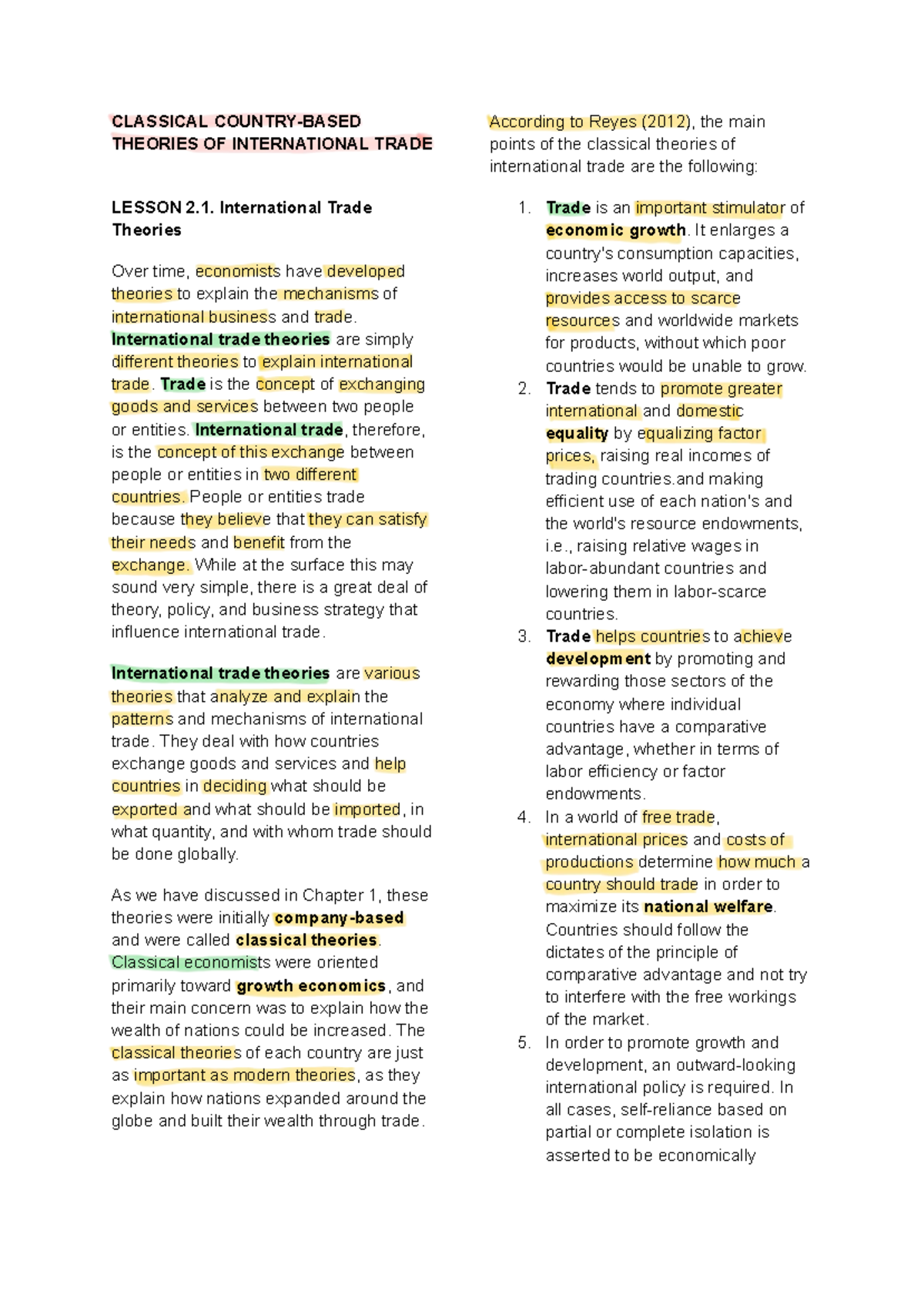 CLASSICAL THEORIES OF INTERNATIONAL TRADE - IBT CHAPTER 2 - Studocu