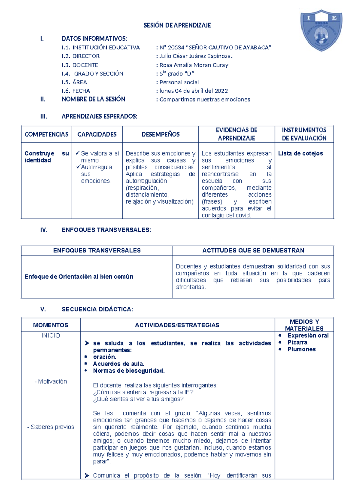 Sesión de Aprendizaje: Personal Social 5to Grado - 04 Abr 2022 - Studocu