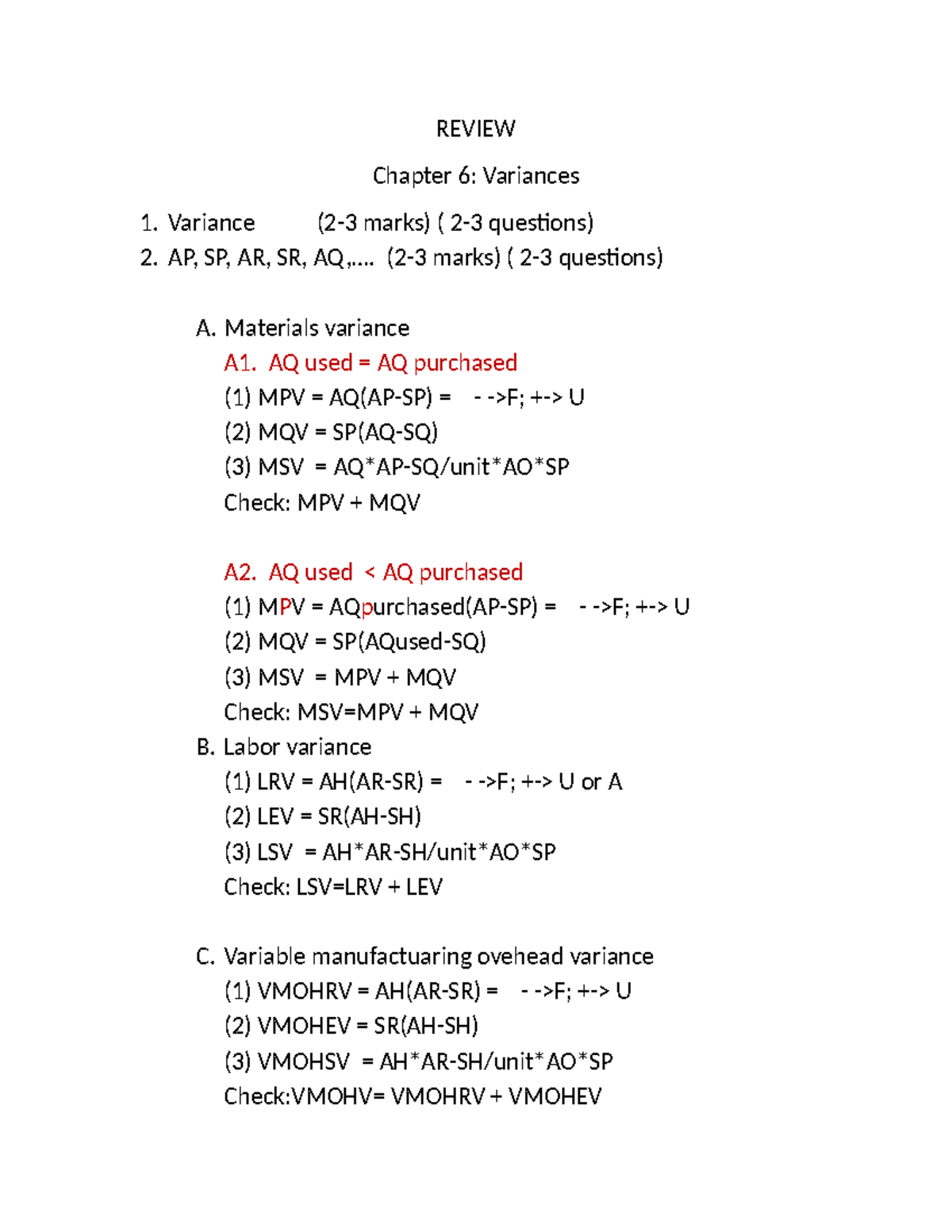 Review Chapter 6- Variance Analysis - REVIEW Chapter 6: Variances ...