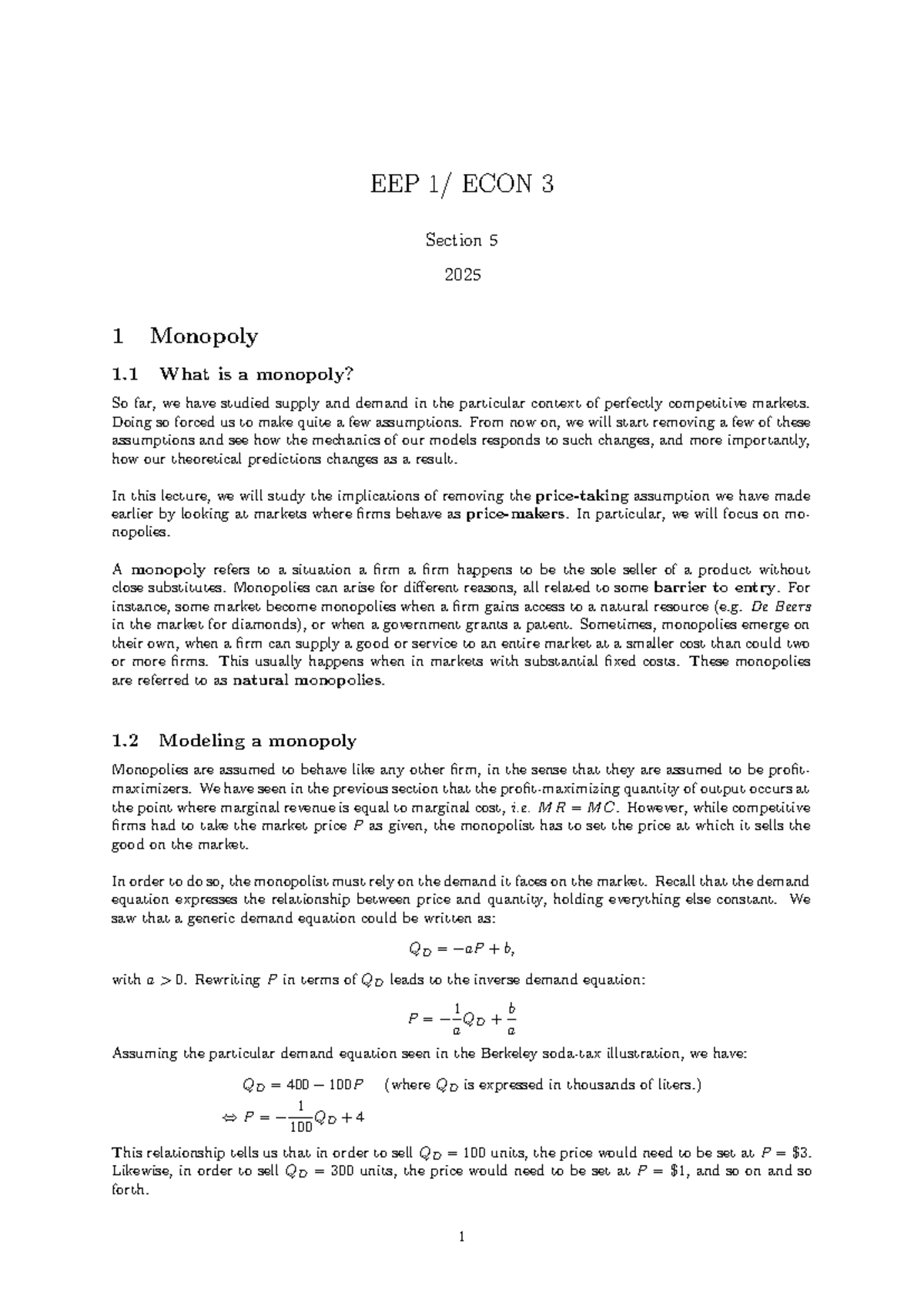 Monopoly Analysis and Market Equilibrium in ECON 3 Final Exam Notes ...