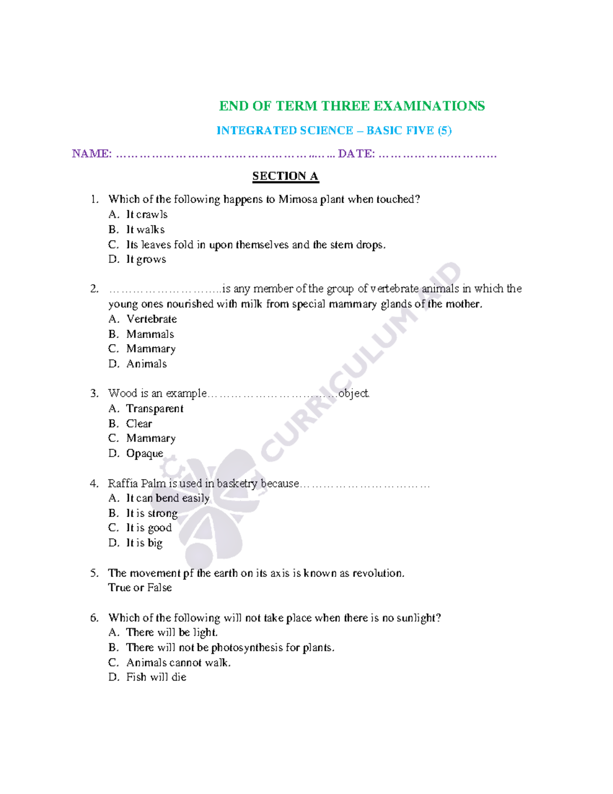 B5 Integrated Science T3 End of Term Exam 2023 - Studocu