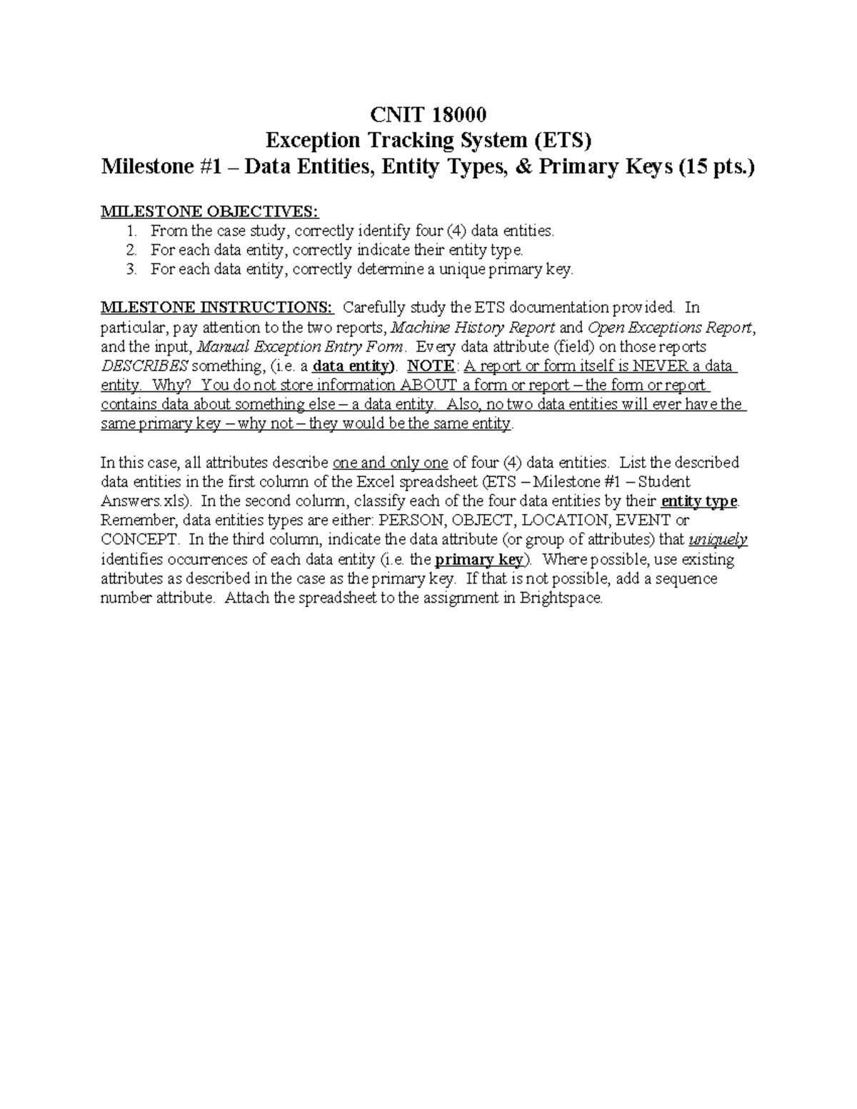 CNIT 18000 - ETS Milestone 1: Data Entities & Primary Keys Instructions ...