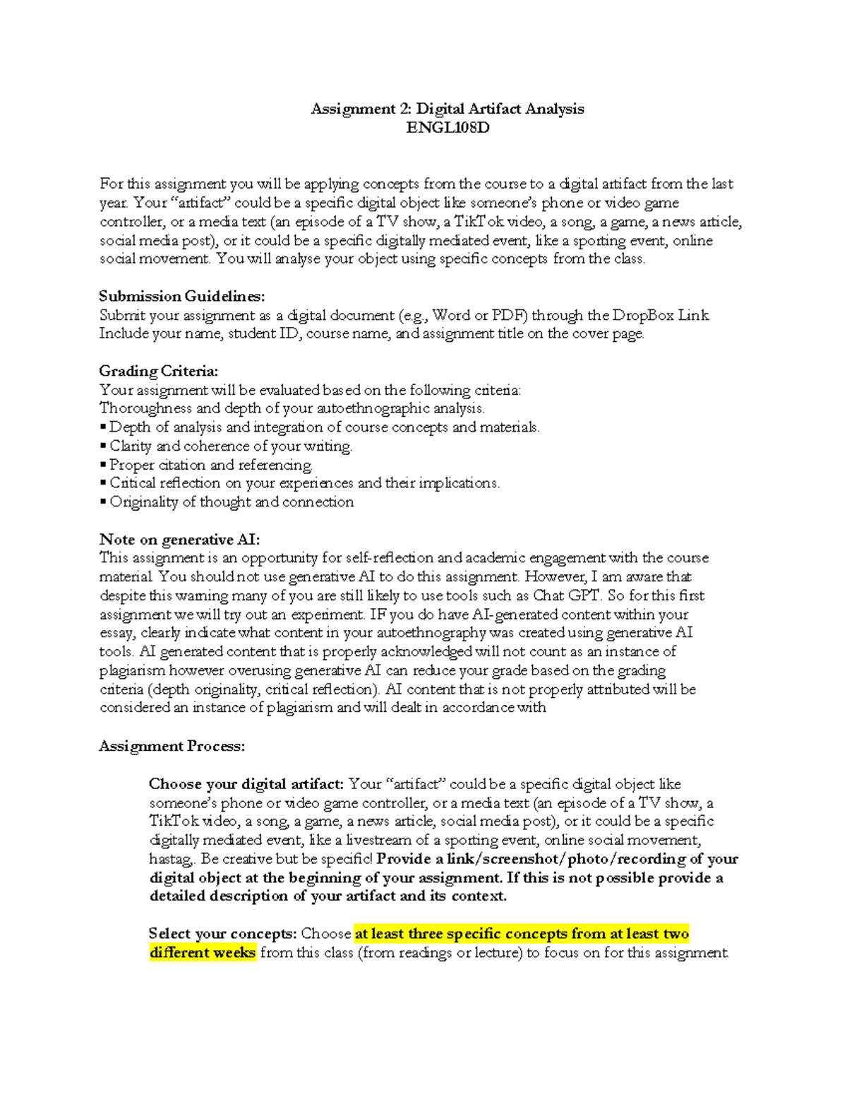 Digital Artifact Analysis Assignment 2 ENGL108D F24 - Studocu