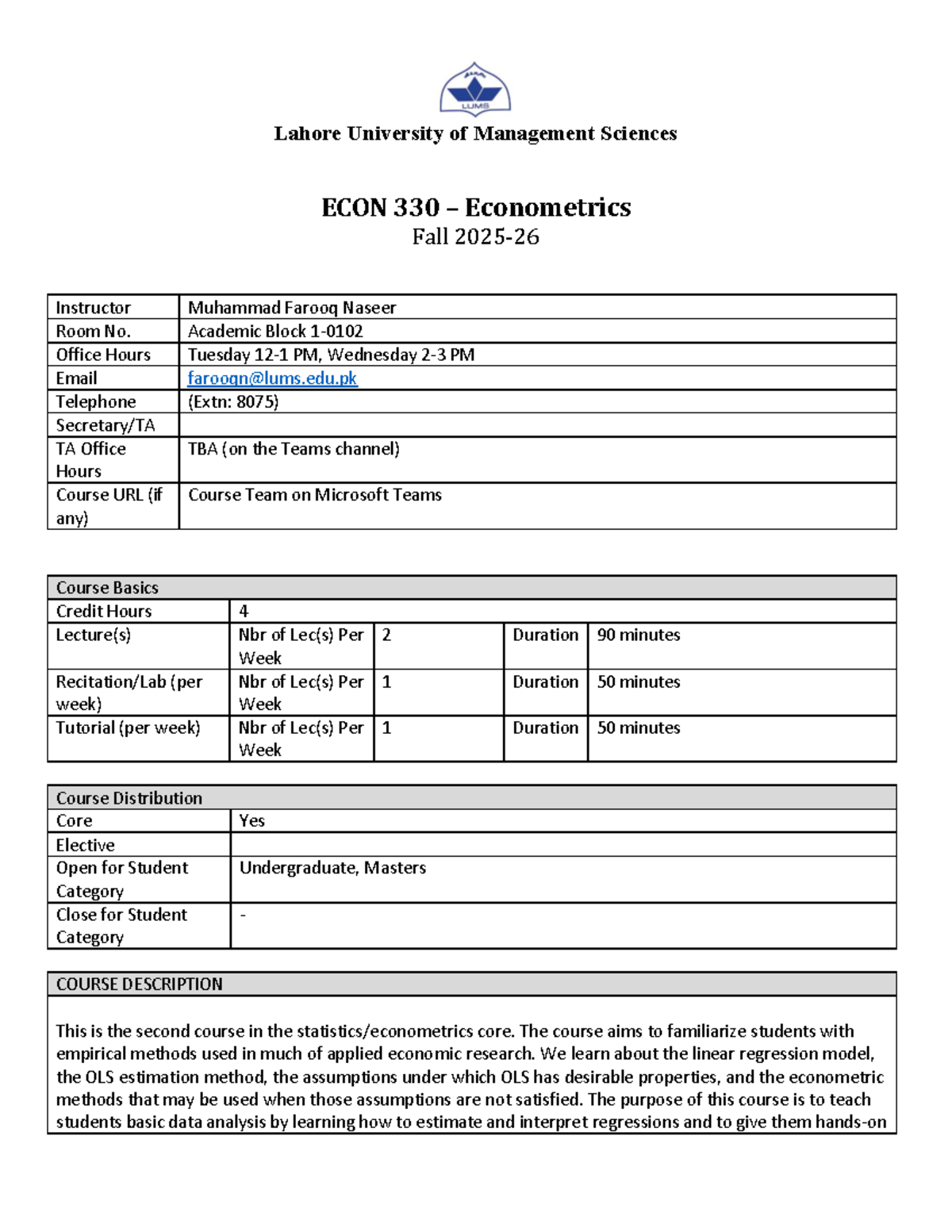 ECON 330: Econometrics Course Outline - Fall Semester - Studocu