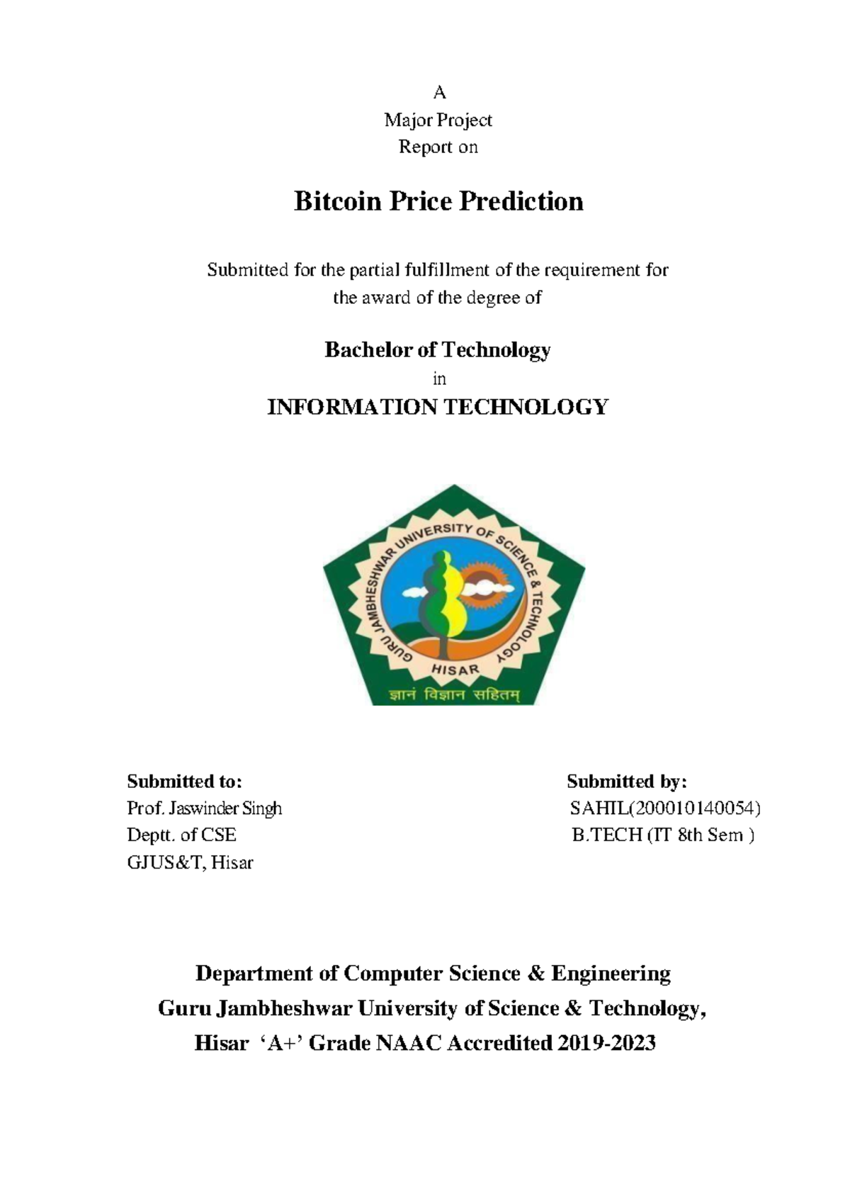 B.Tech IT 8th Sem Major Project Report: Bitcoin Price Prediction Model -  Studocu