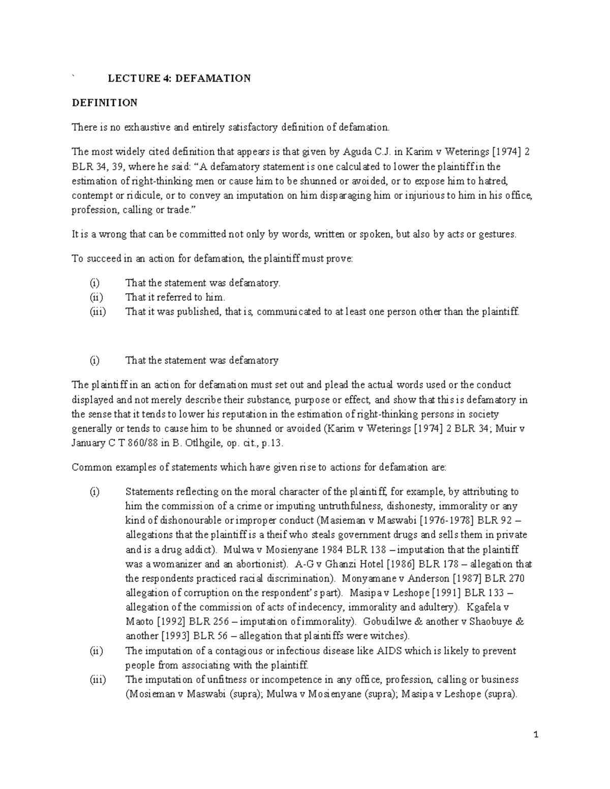 Delict Case Study: Patel v. White Dove Garments (2006) BLR 47 - Studocu
