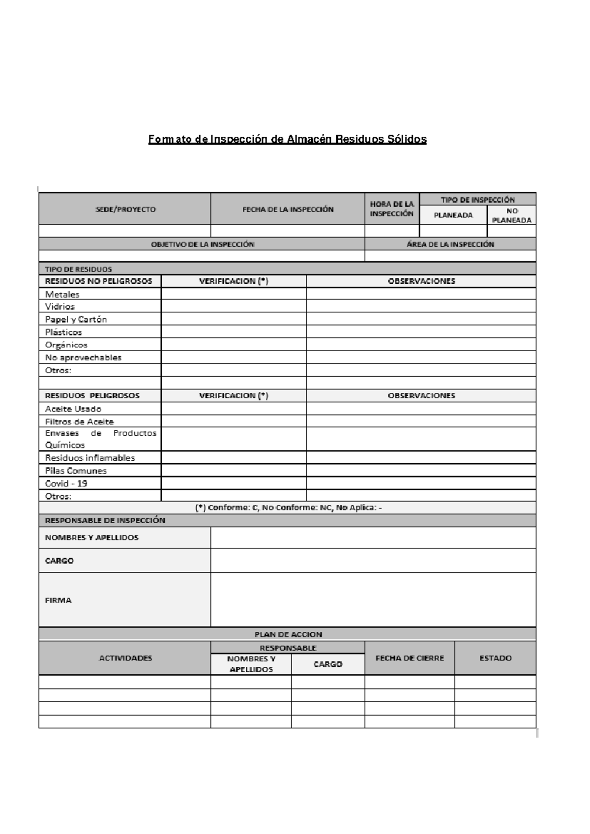 Formato de Inspección de Almacén de Residuos Sólidos (RRSS) - Studocu