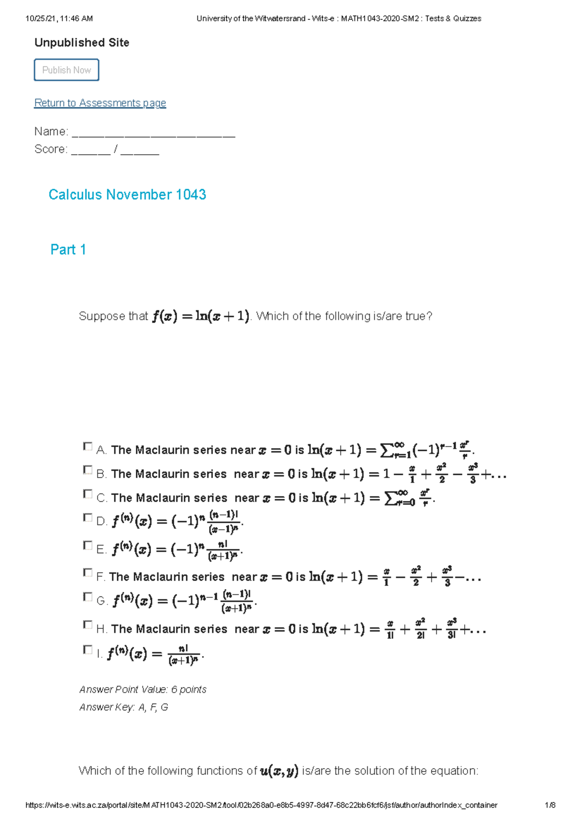 MATH1043 Calculus Exam (Nov 2020) - Unpublished Site ####### Publish ...