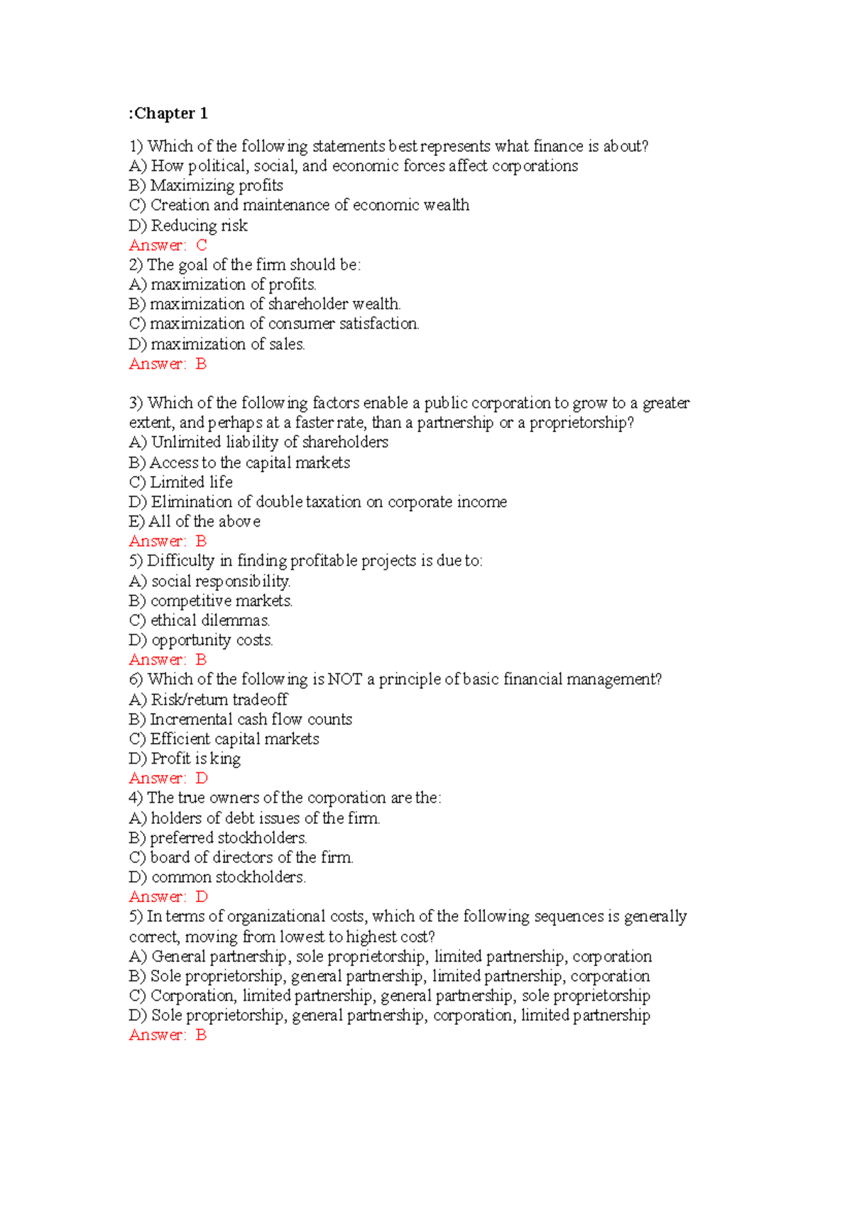 Chapter 1 Questions and Answers - Finance Concepts Review - Studocu