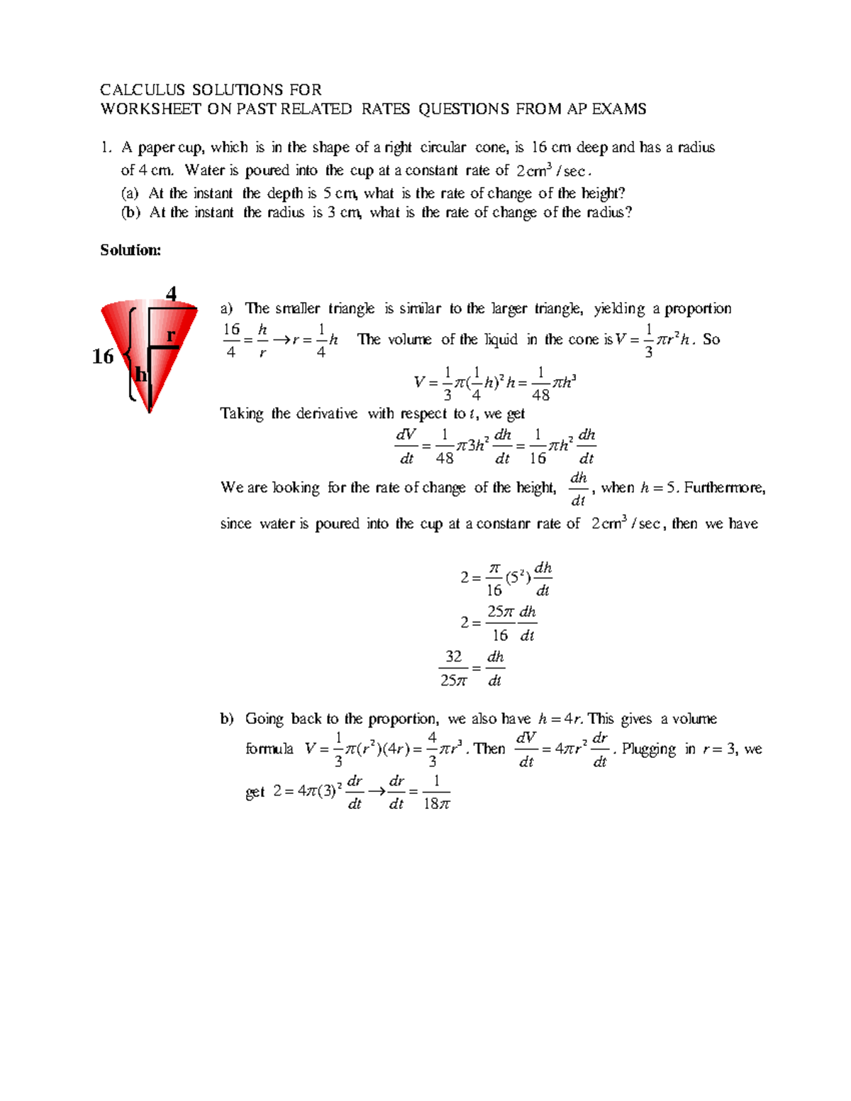 Calculus Related Rates Worksheet With Solutions COMPLETED Related