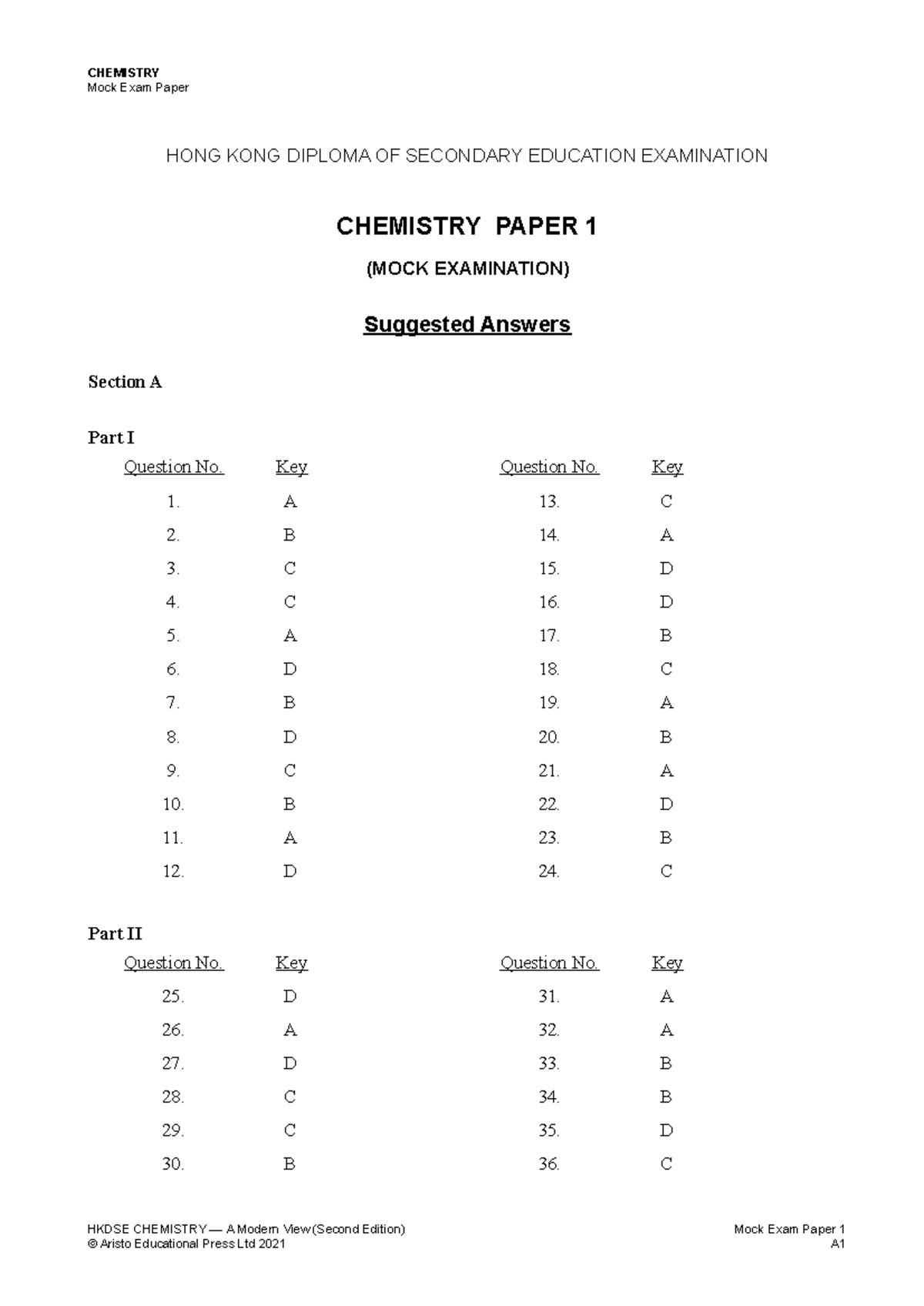 CHEMISTRY HKDSE Mock Exam Paper 1 Suggested Answers 2021 - Studocu