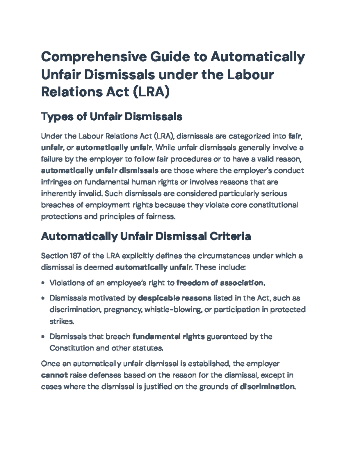 Comprehensive Overview of Automatically Unfair Dismissals (LRA) - Studocu