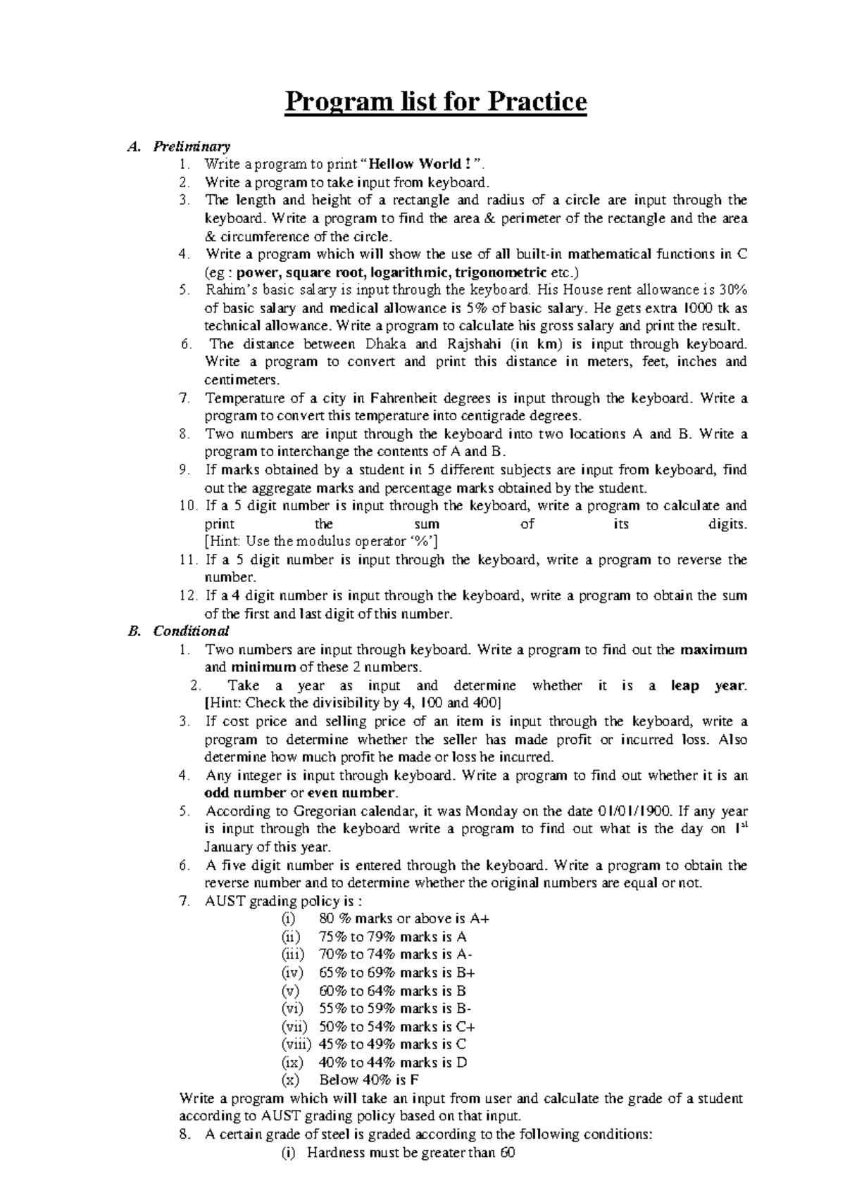 Practice Problems - Program list for Practice A. Preliminary 1. Write a ...