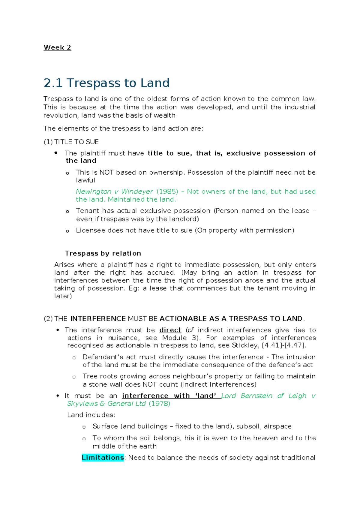 LLB 102 Torts - Week 2: Key Concepts on Trespass to Land - Studocu