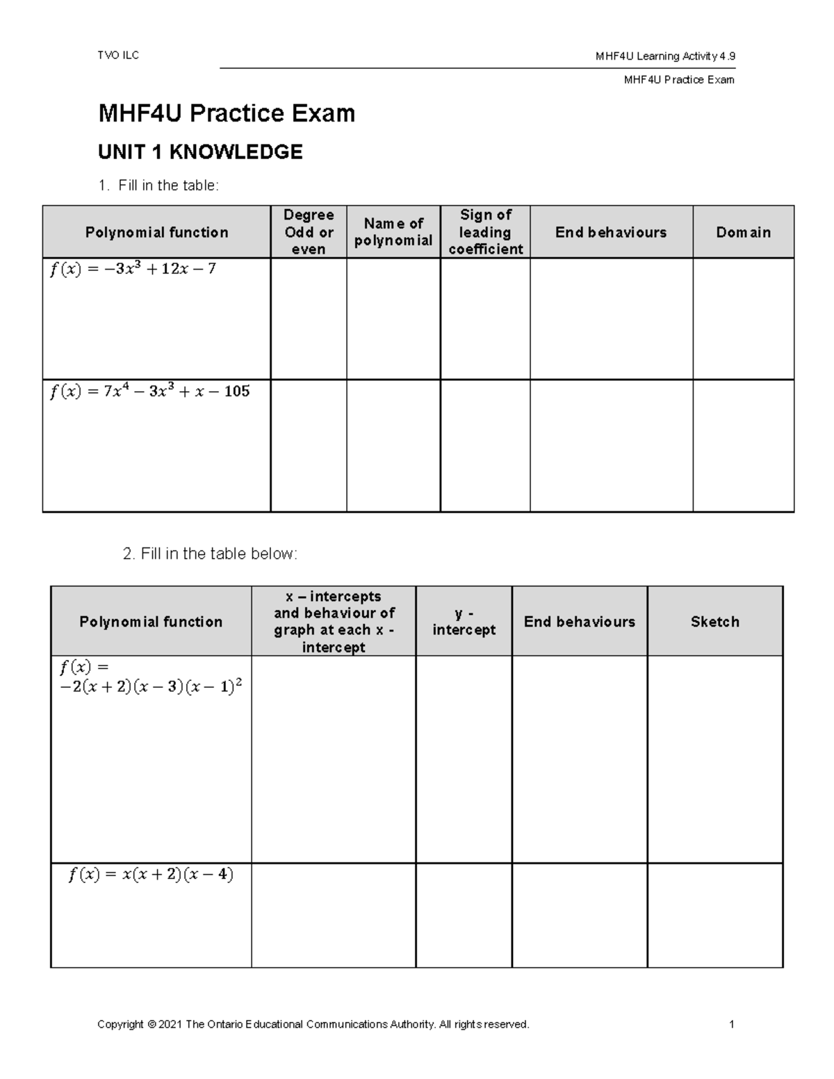 MHF4U Practice Exam: Learning Activity 4.9 Review - Studocu
