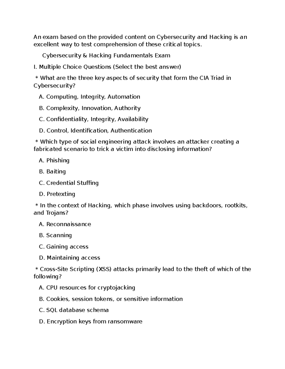 Cybersecurity 101: Hacking Fundamentals Exam I Review Notes - Studocu