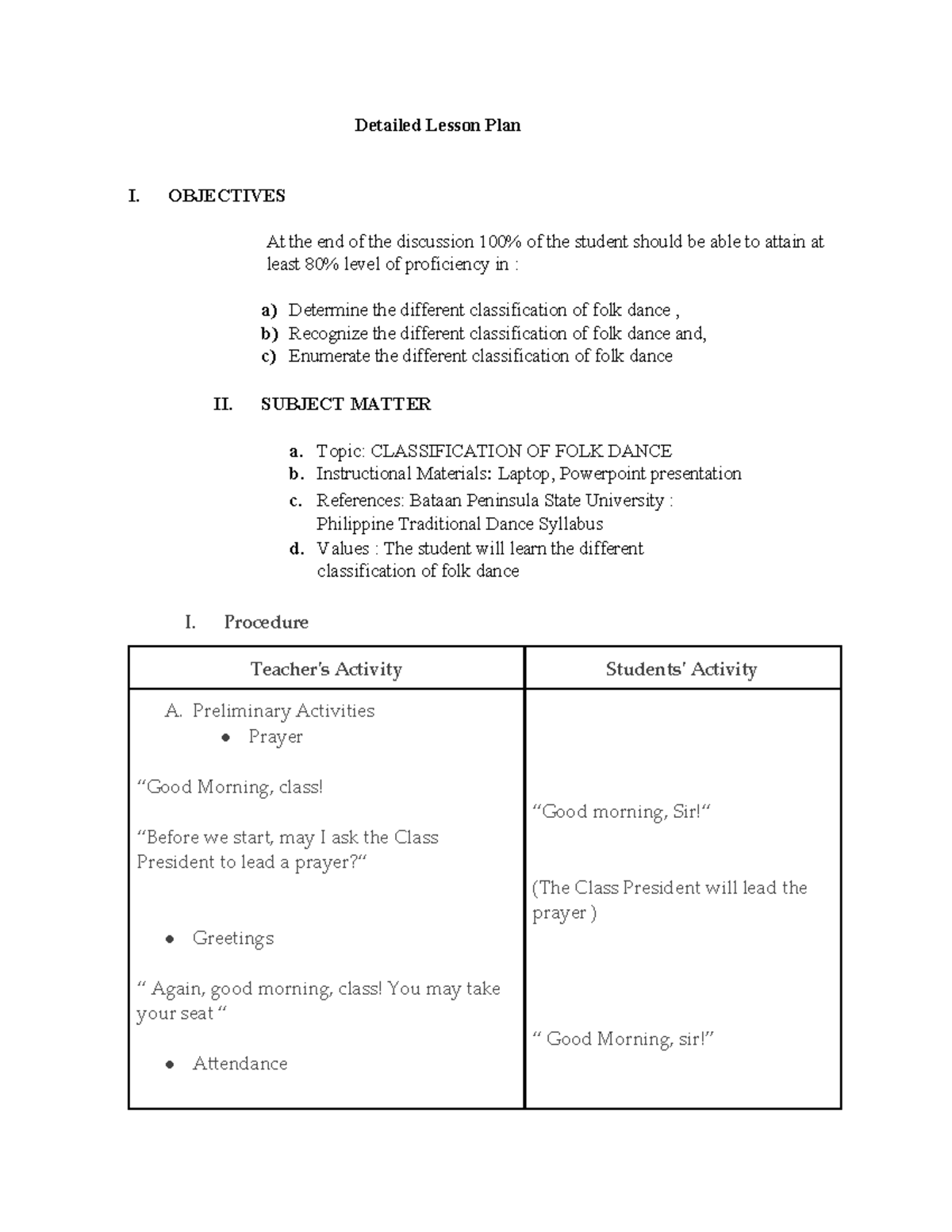 Detailed Lesson Plan for P.E.: Classification of Folk Dance - Studocu